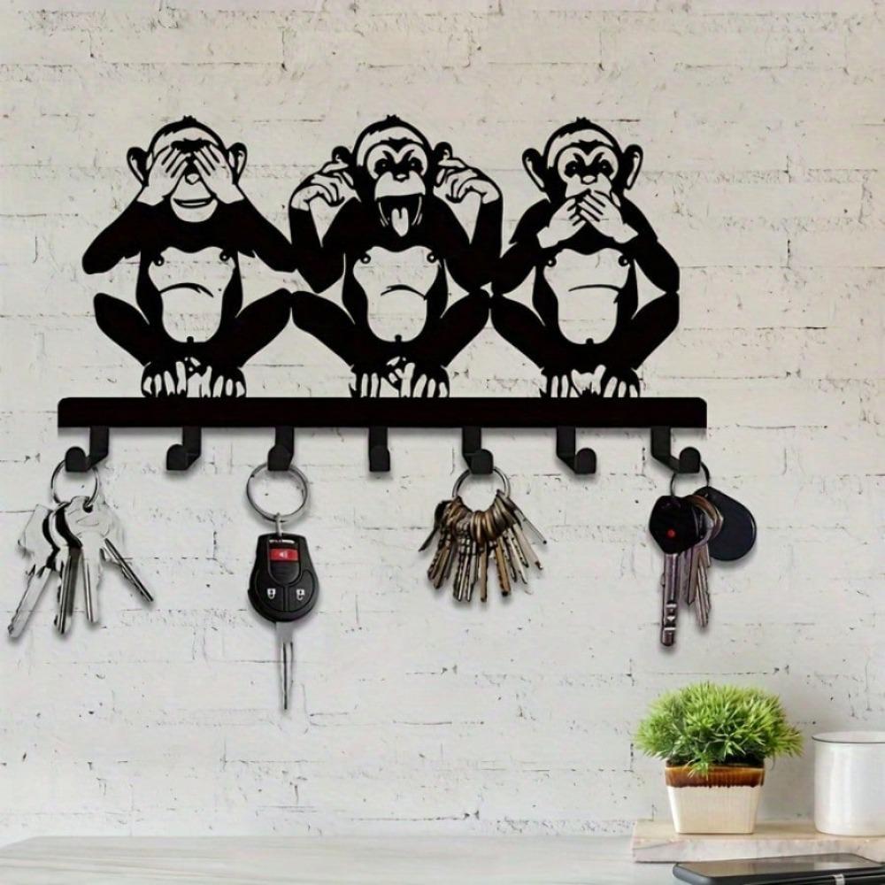 1 PC Charming Three Monkeys Metal Wall Art With Key Hooks - Effortless Installation, Perfect For Hanging Jackets, Hats