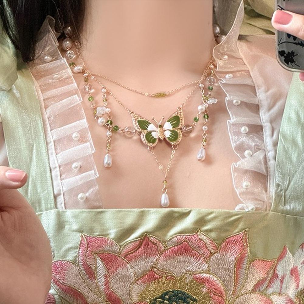 Pearl Butterfly Pendant Necklace Rhinestone Beads Chain Choker Trendy Multilayer Necklace  Gifts