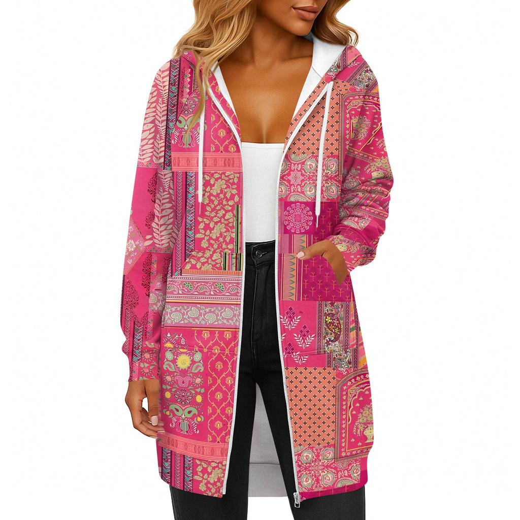 Women's Fashionable Printed  Long Sleeved Drawstring Hooded Zipper Pocket Long Casual Sweatshirt Jacket