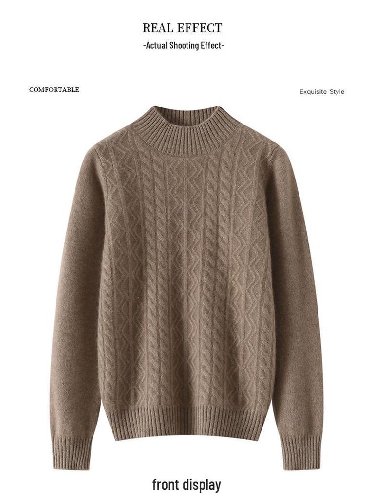 Women's Cashmere Half-High Neck Sweater, Autumn/Winter 2025, Seven-Needle Cable Knit, Loose Fit, Versatile Pullover.