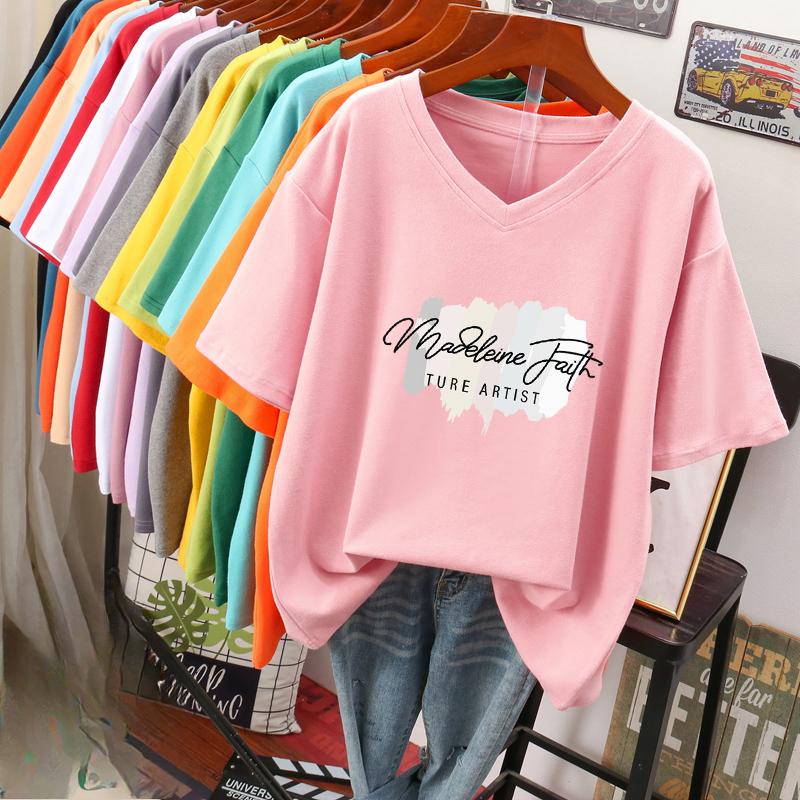 Tricou cu mânecă scurtă, Croială largă, Top subțiere cu gât în V imprimat pentru femei