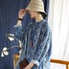 Johnature Women Vintage Stand Print Floral Dress Bat Sleeve Spring Blue A-Line Button Dresses