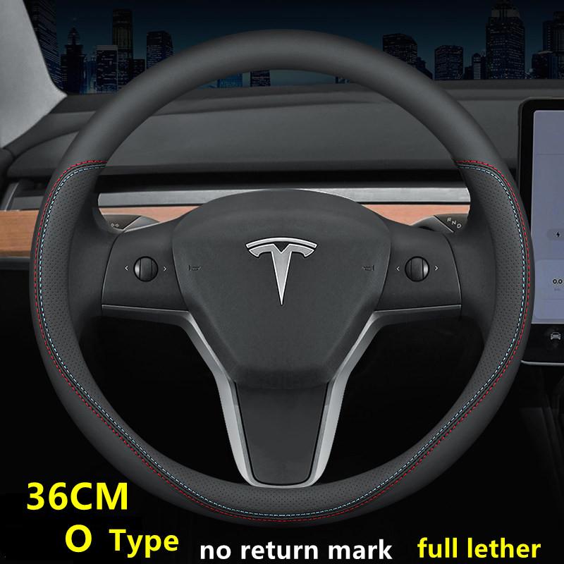 Steering Wheel Cover For Tesla Model 3 Y S X Nappa Leather 4 Seasons 36-39 CM Diameter Black Car Interior Accessories 2017-2024