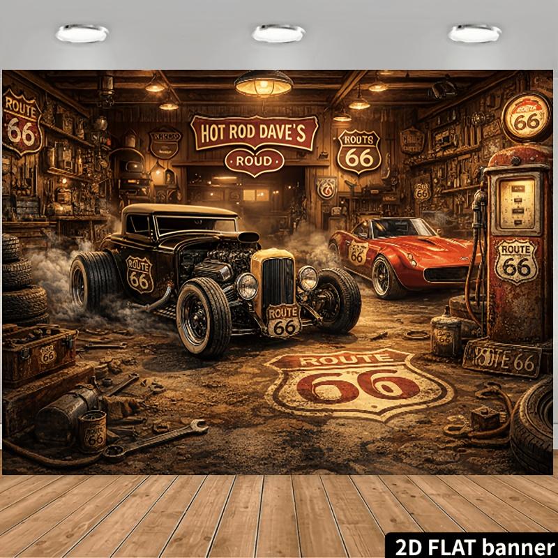 2D Flat Banner - Industrial Style - 66th Highway Background Fabric - Retro Garage Theme