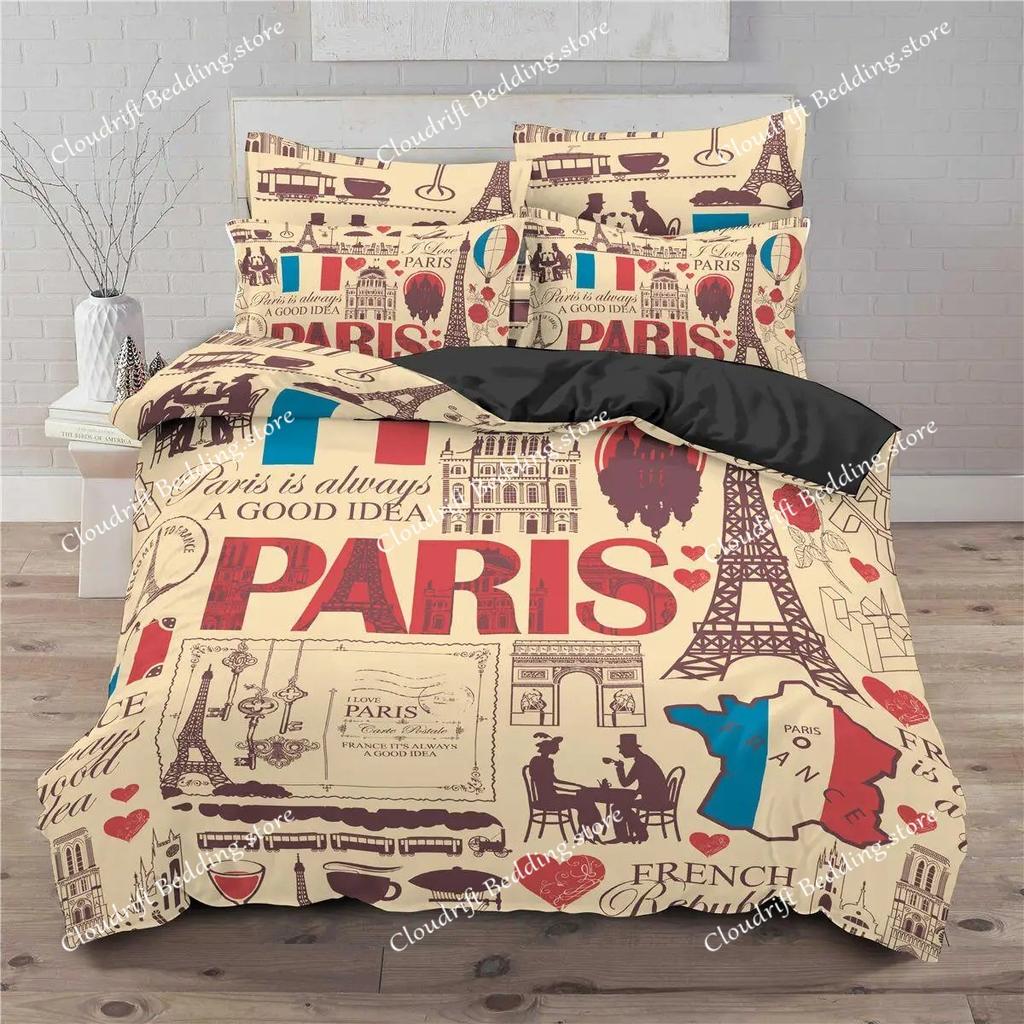 Eiffelturm Bettwäscheset Queen-Size Paar Valentinstag Bettbezugset für Frauen Romantisches Paris Bettbezug Raumdeko