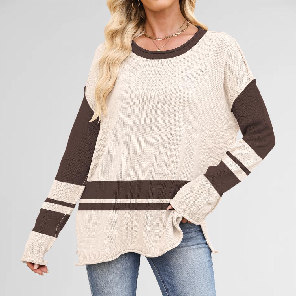 Women's Colorblock Round Neck Loose Casual Pullover Long Sleeve Sweater