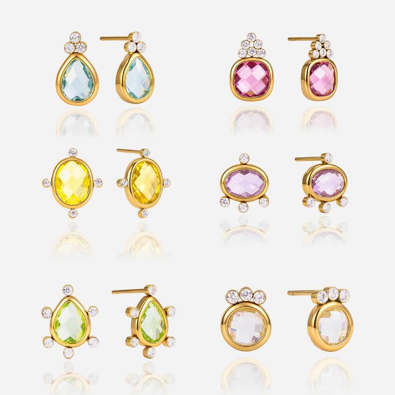 Geometric Zircon Glass Stud Earring For Women Gold Pvd Plated Stainless Steel Waterproof Earring Fashion Jewelry