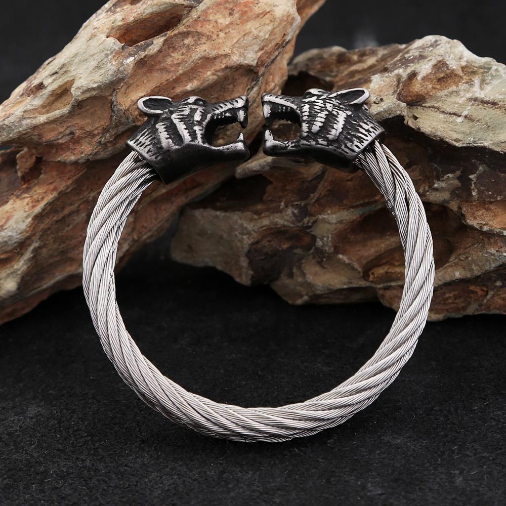 Retro Viking Double Wolf Head Bracelet for Men Punk Stainless Steel Twisted Cable Open Cuff Bangle Bracelet Dropshipping