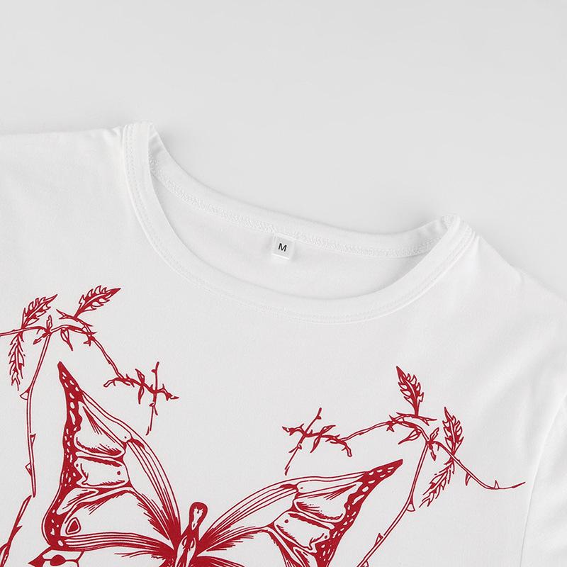 Vintage Fairy Grunge Butterfly Print Short Sleeve O-Neck Fitted Crop Top Punk Harajuku E-girl Tee American Y2K 90S Women T-shirt