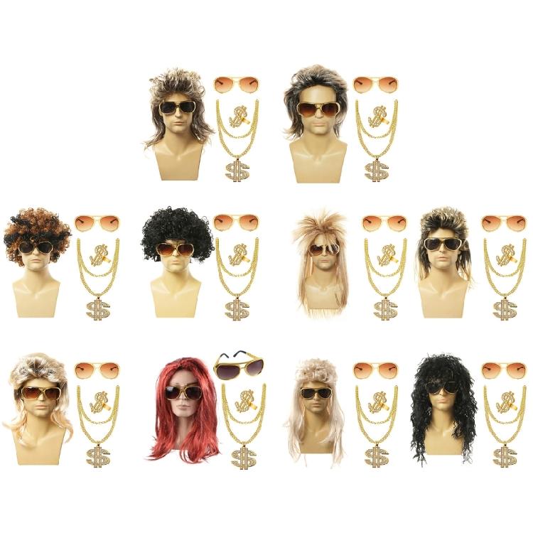 80s Disco Costume Accessories Hippie Glasses Curly Rock Wig Necklace for Unisex
