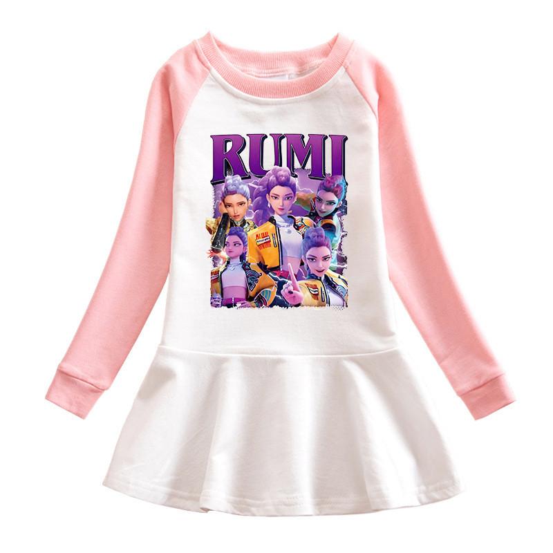 Mädchen Kpop Rumi Zoey Mira Hunters Print Langarm Falten Netz Kleid