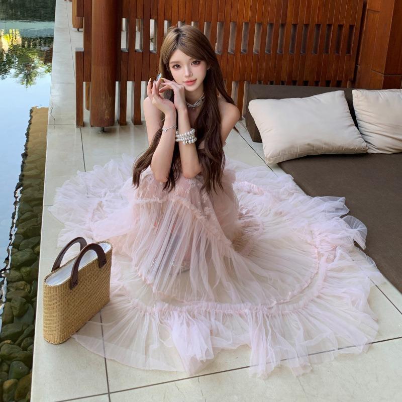 Gentle French Romantic One-word Shoulder Tube Top Long Dress Temperament Advanced Sense Good-looking Beautiful Dress Summer