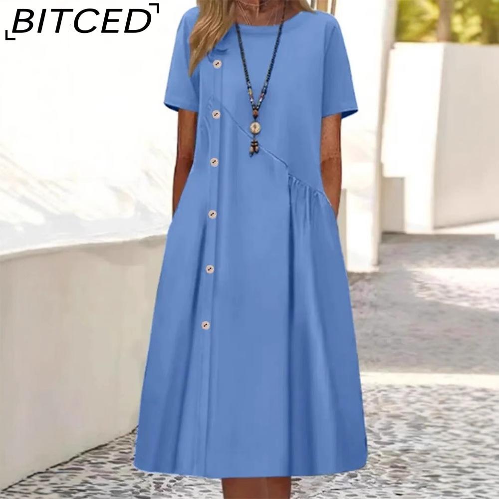 

BITCED Жіноча мода, літо, весна, суцільні повсякденні сукні з коротким рукавом, круглим вирізом і високою талією. S небо синє кольору