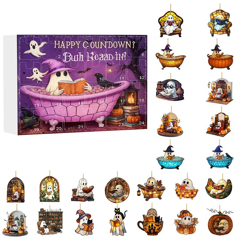 

Halloween Countdown Calendar 24 Pcs Ghost Bubble Bath Ornament Advent Calendar, Spooky Funny Ghost Reading Book Decor