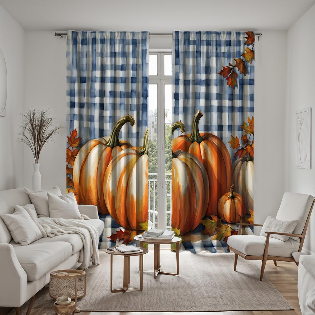 2 pieces HD blue plaid pumpkin maple leaf decorative curtain Yellow tie digital printed curtain Home decoration style decoration