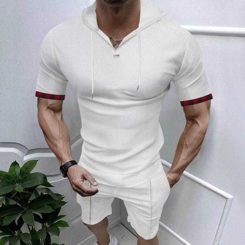 Sommer Schnellverkauf Kapuzen-Waffelshirt Herren Sportlich Lässig Kurzarm Shorts Set