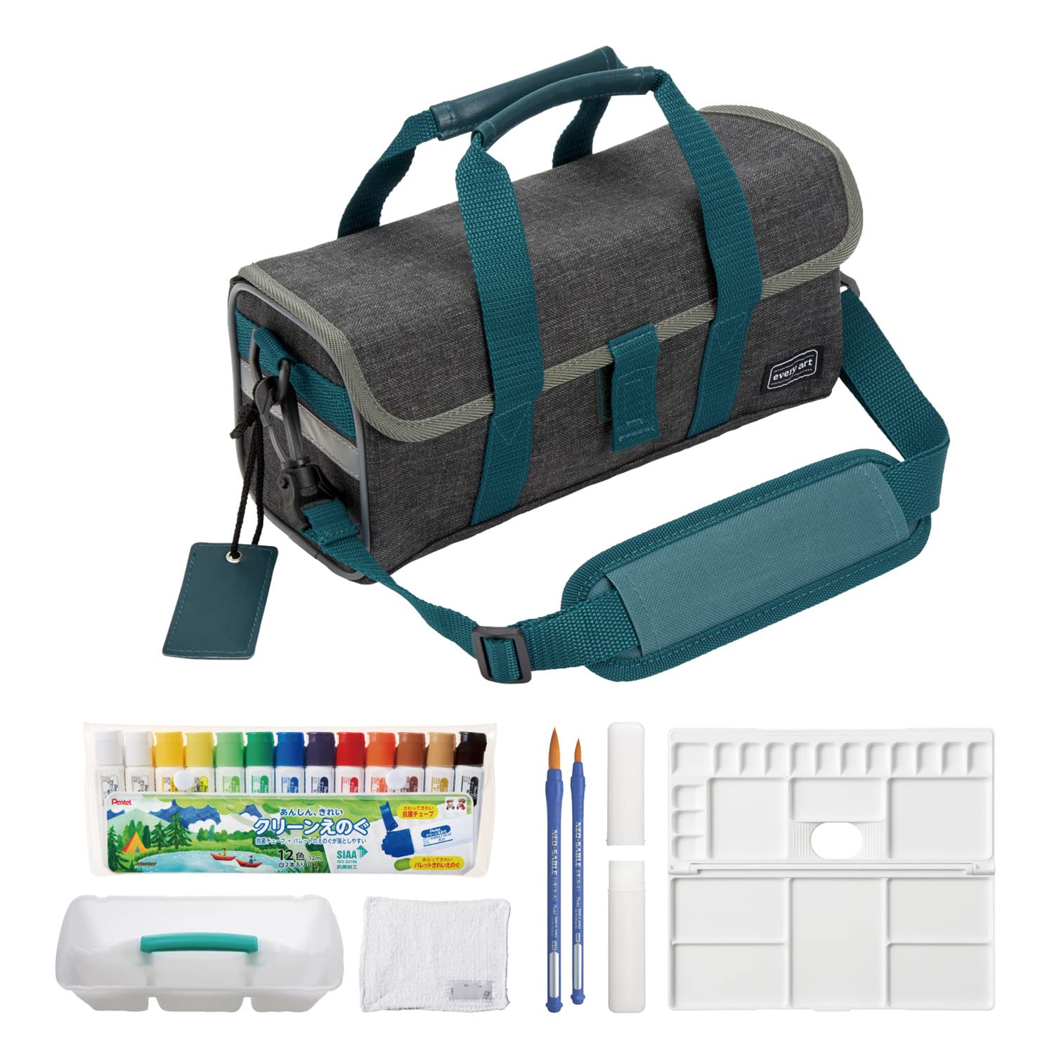 Pentel Paint Art Supplies Compact Turquoise with Cleaning Set, Set, Washable, Model, Green, Cloth, ZST32-DG