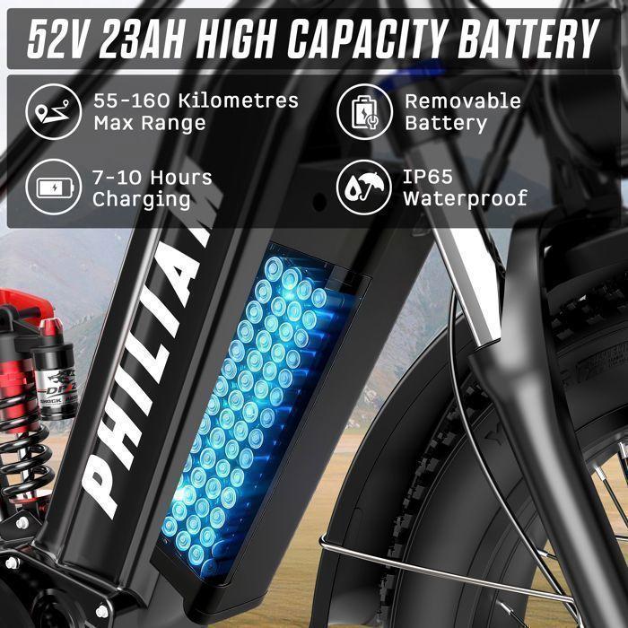 PHILIAM Electric Bike Double Motor 3000W Battery 52V 23Ah 60 /km H Tires 26x4.0 7 Speeds Double Suspension Hydraulic Brakes