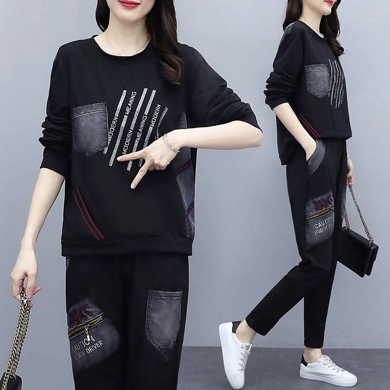 Fat Large Size Loose Casual Printed Suit Women's Spring and Autumn Korean Style Casual Sportswear Two-piece Set