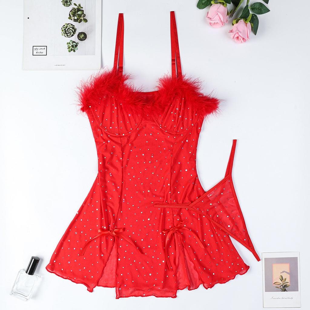 Rhinestone Crystal Feather Splicing Sheer Mesh Slit Dress Two Piece Set For Women Erotic Dresses