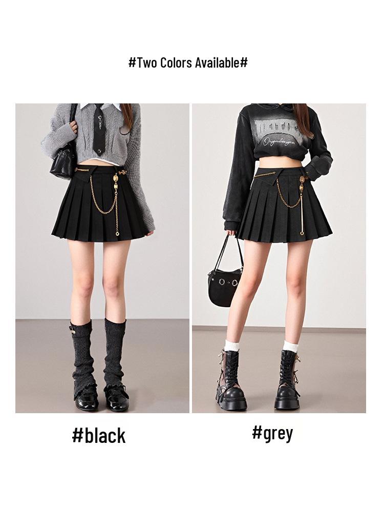 2025 Slimming Woolen Pleated Half Skirt with Waist Chain