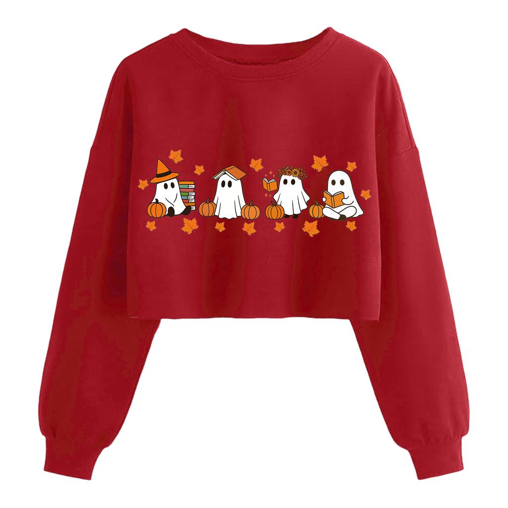 Women's Fashion Halloween Printed Navel-Exposed Long Sleeve Pullover Sweatshirt