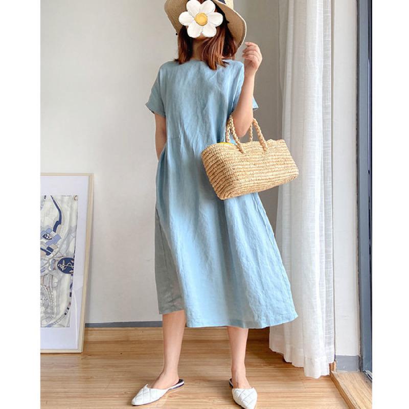 New Summer Women's Clothing Literary and Simple Solid Color Cotton Loose Short-sleeved Dress Medium and Long Dress