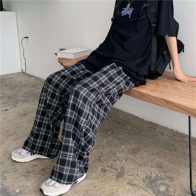 Women's Spring and Summer Draped High Waist Plaid Wide Leg Pants Loose Casual Straight Drag Pants