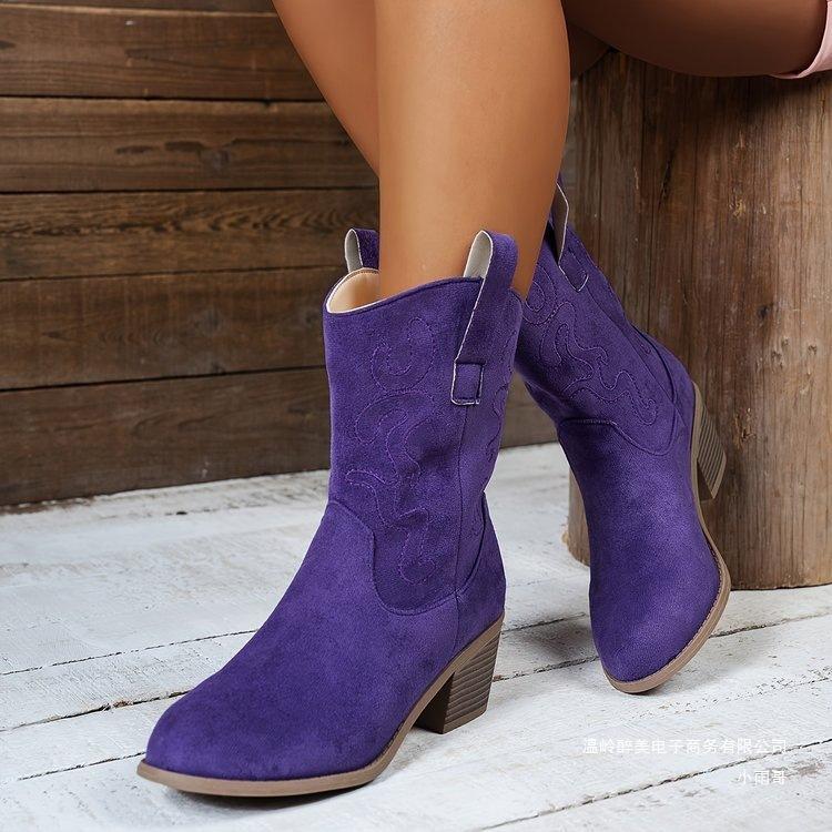 New Retro Pointed Thick Heel Western Cowboy Boots Women's Foreign Trade Embroidery Foot Set Middle Heel Knight Boots 2025