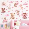 Pink Cartoon Bear Wall Sticker Cute Balloon Cloud Stars Kids Room Cozy Home Decor Removable Self-Adhesive