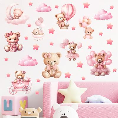 Rosa Cartoon Bär Wandaufkleber Niedlicher Ballon Wolke Sterne Kinderzimmer Gemütliche Wohnkultur Abnehmbar Selbstklebend