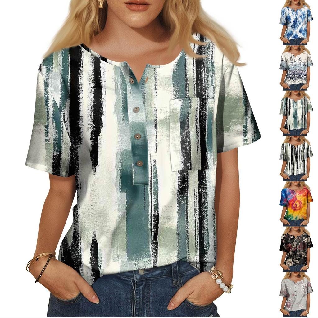 Women's Fashion Casual Short Sleeve Print Round Neck Pullover Top Blouse