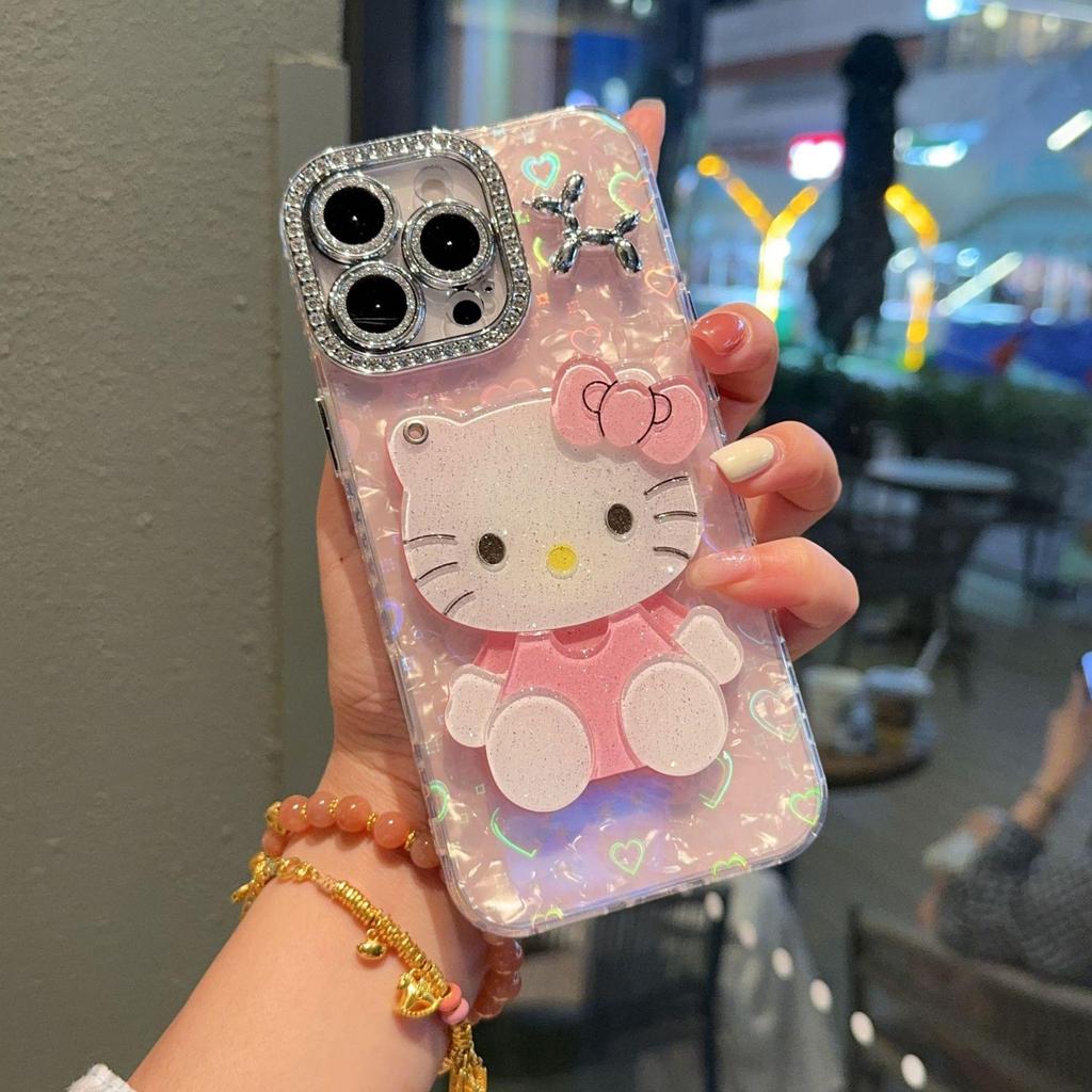 Heart Shell Dot Drilling Frame for Apple 17 Pro Max/15 Pro Phone Case with KT Cat Mirror