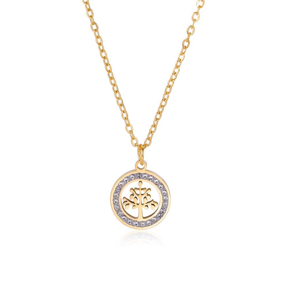 Collana Albero della Vita per Donna Acciaio Inossidabile Oro Zircone Trasparente Ciondolo Rotondo Catene per Collo Lusso Regalo di Matrimonio