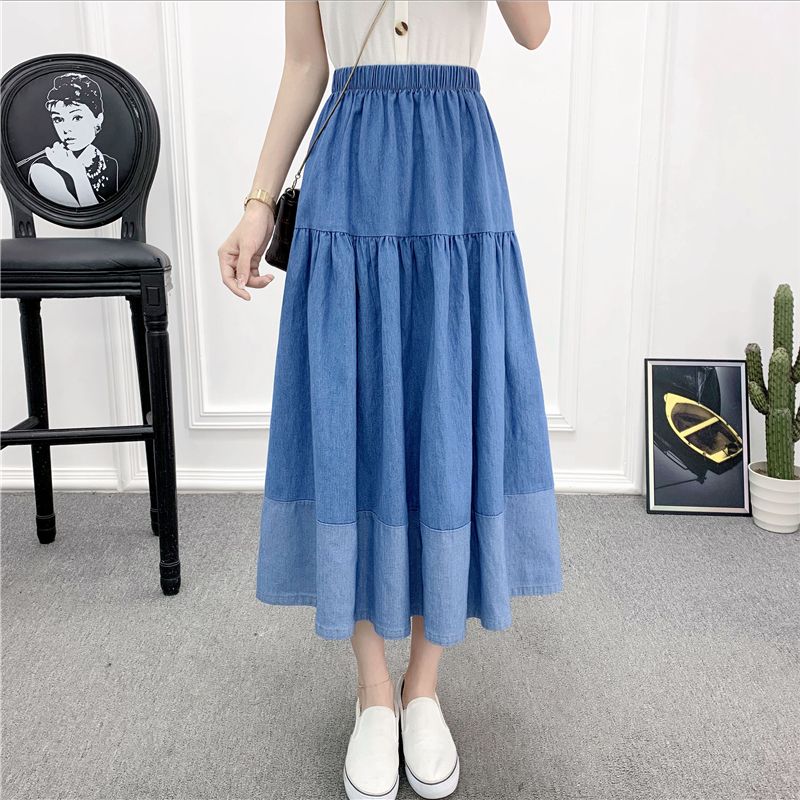 Spring and Summer New Artistic Sweet Elastic High Waist Stitching Blue Mid Length Long Length A- Line Denim Skirt Skirt Women