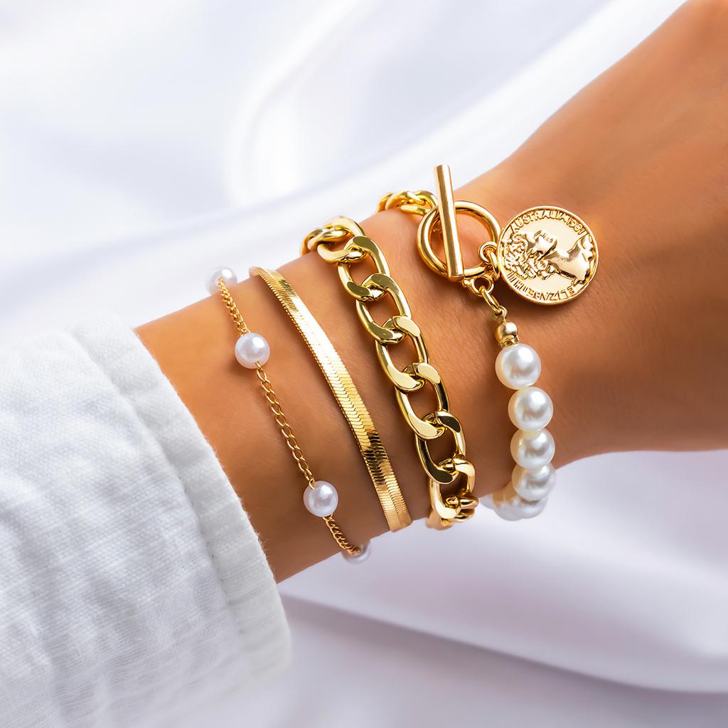Sweet And Cool Multi-Portrait Imitation Pearl Bracelet Set, Personalized Cross Chain Jewelry For Women