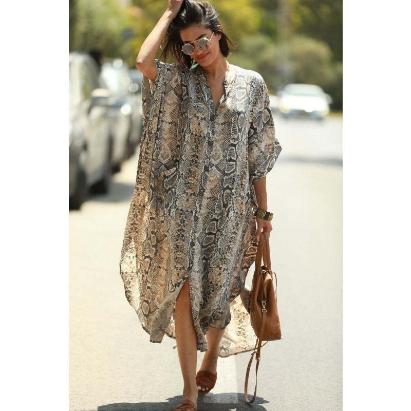 

Летняя женская пляжная накидка больших размеров с принтом, свободное карманное однобортное праздничное платье, накидка на бикини One Size