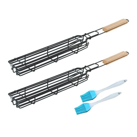 Yousheng 2Pcs BBQ Rack with Brushes Ergonomic Wooden Handle Spacious Design High Temperature Resistant Grill Basket Barbecue Tool Set