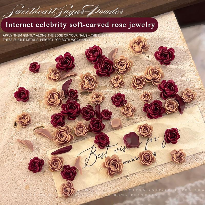 50Pcs 3D Mix Sizes Beautiful Blossoming Rose Flowers Leaf Resin Adhesive Nail Art Rhinestones Decorations Manicure Kawaii Charms