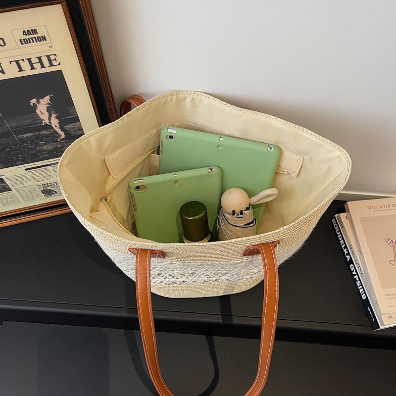 Handwoven Straw Tote Bag with Leather Handles Woven Pattern Summer Beach Bag Casual Everyday Use