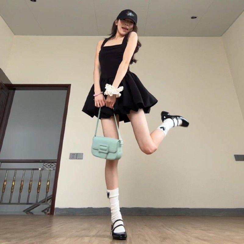 Women s Petite Black Spaghetti Strap Dress - French Style Slimming Flared Skirt Small чёрный
