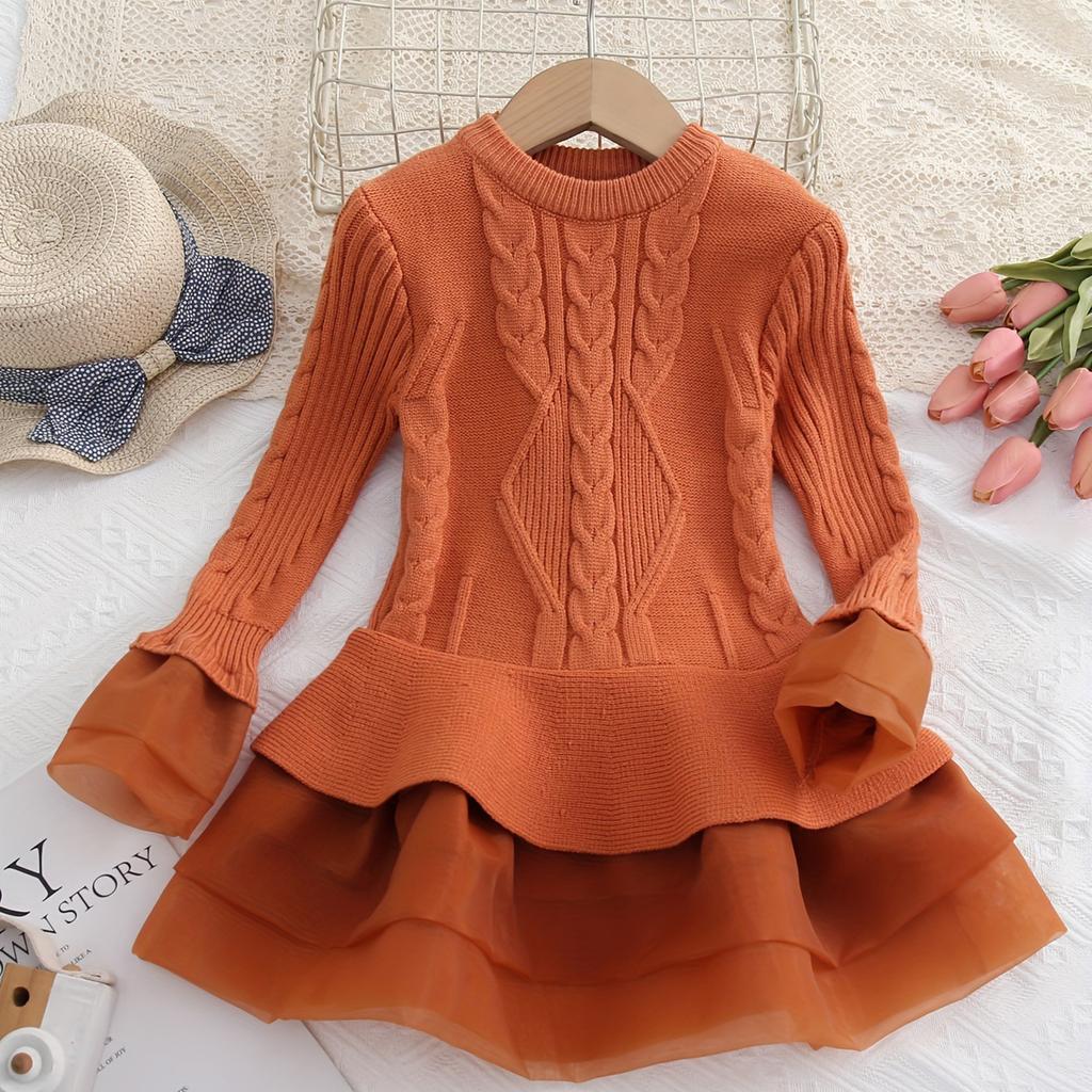 Girls' Fashion Long-Sleeved Shirt Collar Patchwork Tiered Skirt Colour Dress