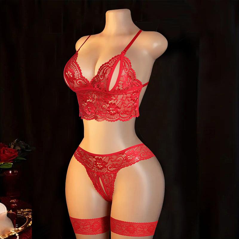 Sexy Women's Bra Panties Lace Set with Leg Rings Neck Rings Sex Underwear