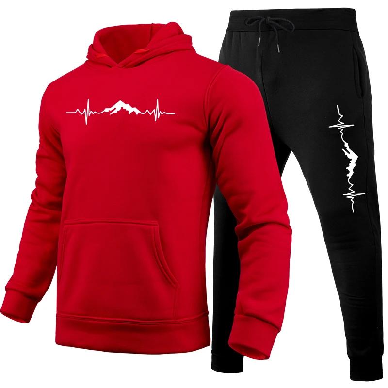 Sportswear 2pcs Set Women Hoodies Black Sweatpants Mountain Print Tracksuit Women's Daily Casual Sports Hooded Jogging Suits