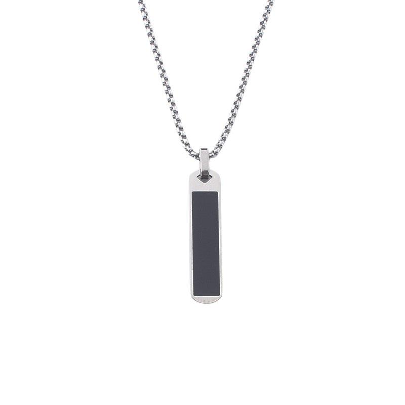 Men's Striped Square Pendant Necklace - Personalized Polished Stainless Steel Sweater Chain Jewelry