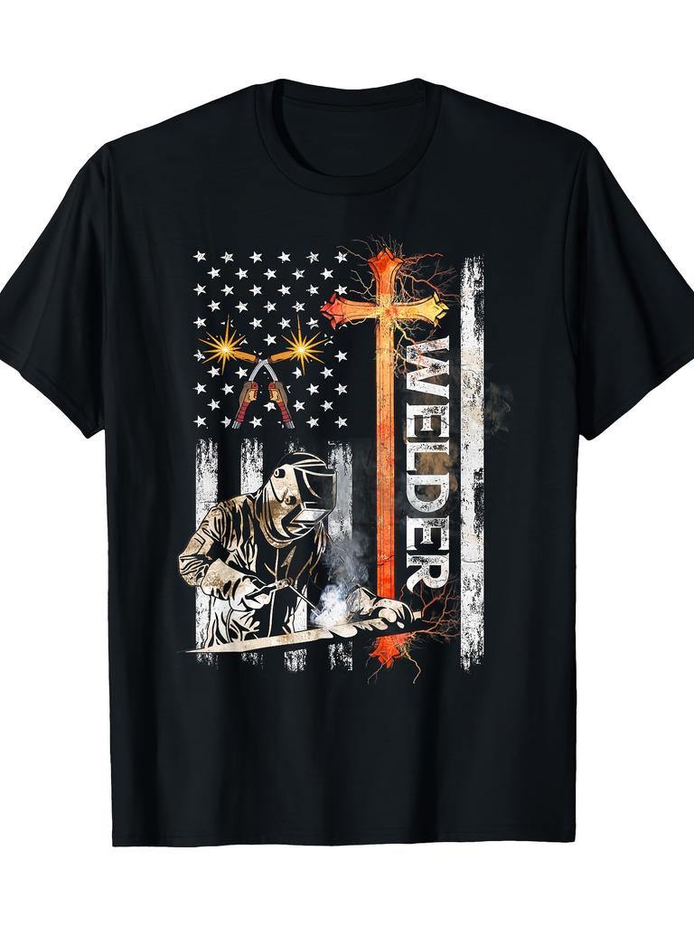 Welder American Flag & Christian T-Shirt - Cotton Welding Symbol Workwear Top with Short Sleeve Crew
