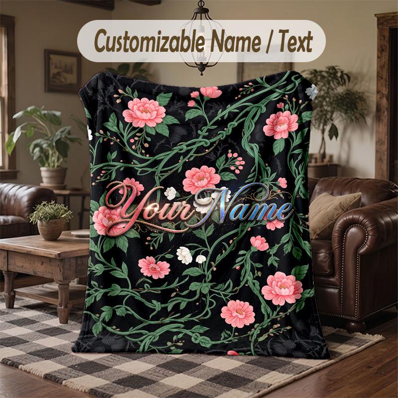 Floral 3 Theme Throw Blanket Custom Name Text Personalized Blanket Soft Cozy Blanket for Home Sofa Bed