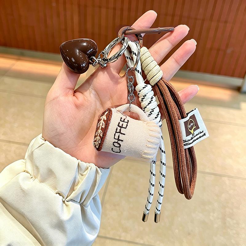 Yogodlns Cute Cartoon Coffee Cup Keychain Fashion Handbag Pendant with DIY Woven Rope Mobile Phone Car Key Design Creative Gift