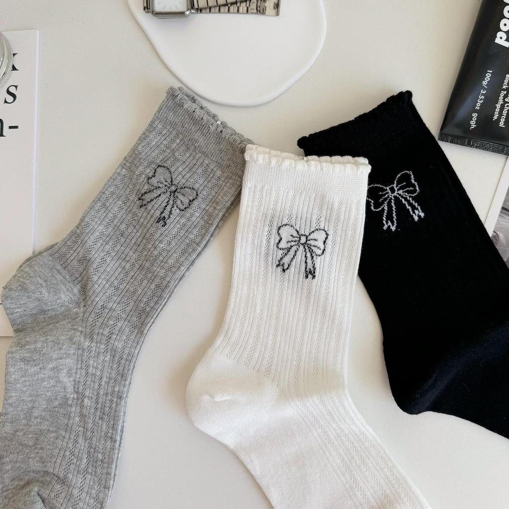 Miu Style Women's Summer Grey Bow Mesh Mid-Calf Socks - Super Thin, Glittery, Hot Stamping Design