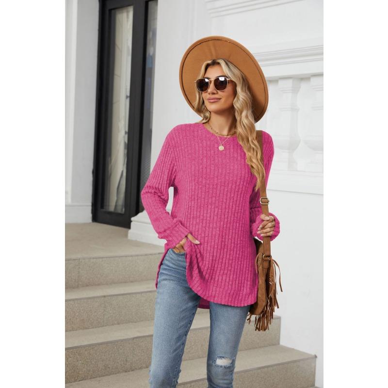 Herbst Damen Bluse Einfarbig Rundhals Gebürstet Locker Langarm Tops